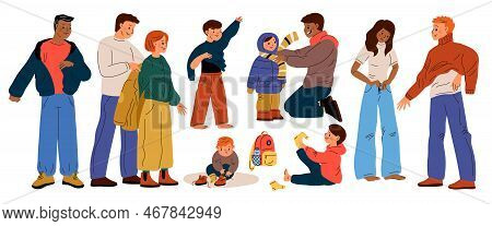 Kids Putting Clothes. Cute People Dressing. Woman Fitting Jeans. Men Wear Warm Sweater And Jacket. B