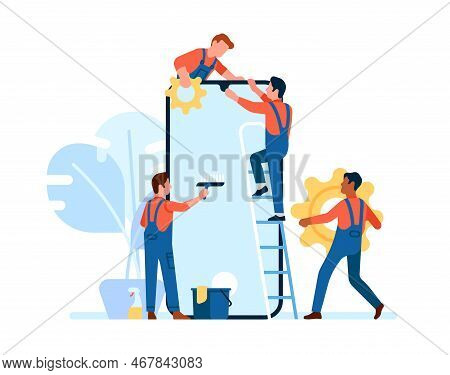 Phone Repair Service. Engineers Fix Smartphone. Maintenance Professional Employees. Broken Electroni