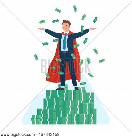 Super Businessman. Business Leadership. Successful Manager. Superhero Standing On Money Stacks. Doll