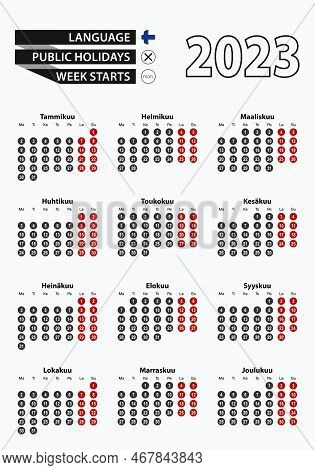Vector Template Calendar 2023 With Number In Circles, Simple Finnish Calendar For Year 2023. Vector 