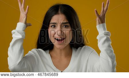 Female Portrait In Yellow Studio Background Indian Ethnic Woman Emotional Lady Girl Showing Mind Blo