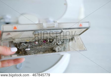 A Woman's Hand Holds A Container With Garbage From A Vacuum Cleaner. Replacing A Dirty Dust Collecto