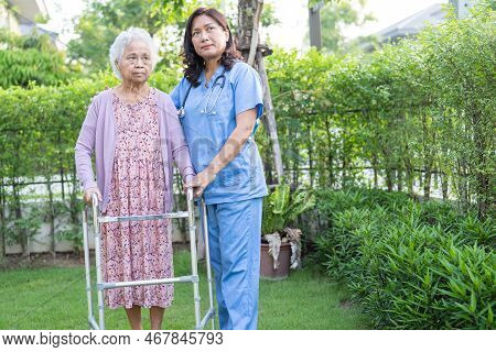 Doctor Help And Care Asian Senior Or Elderly Old Lady Woman Use Walker With Strong Health While Walk