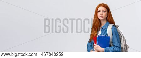 Worried Cute And Nervous Redhead Teenage Girl Scared Parents Scold Her For Skipping Class, Biting Li