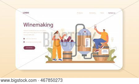 Wine Maker Web Banner Or Landing Page. Wood Barrel, Bottle
