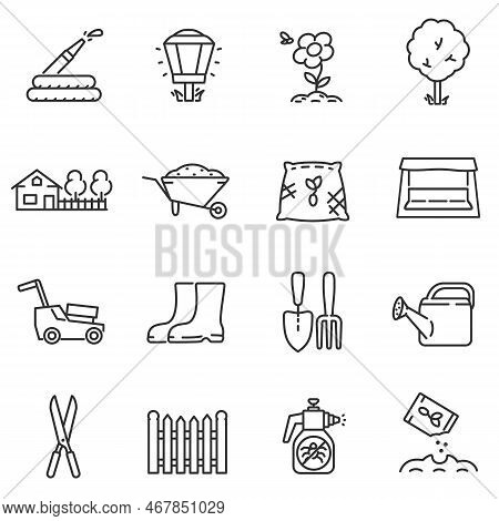 Gardening Icons Set. Care And Beautification Of The Garden, Thin Line Design. Lines With Editable St