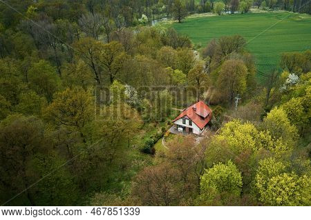 Aerial View Of House With Red Roof Among Green Trees Forest, Place For Relax Withought People, Non U