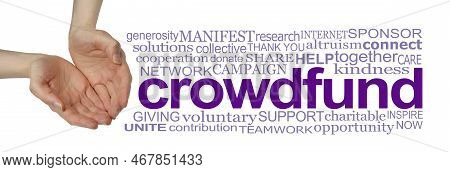 Words Associated With Crowd Funding - Female Cupped Hands  Beside A Word Cloud Relevant To Crowdfund