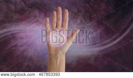Diagram Of Palm Chakra Spinning Energy Vortex - Open Upright Female Hand With A Pale Pink Spiral Fil