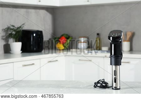 Thermal Immersion Circulator On Table In Kitchen, Space For Text. Sous Vide Cooking