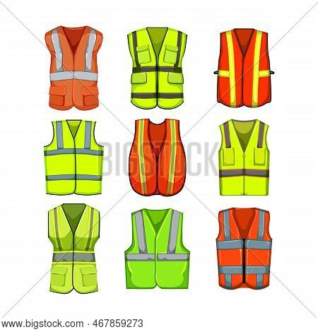 Safe Vest Set Cartoon. Safety Jacket, Reflective Uniform, Security Clothing, Worker Front, Waistcoat