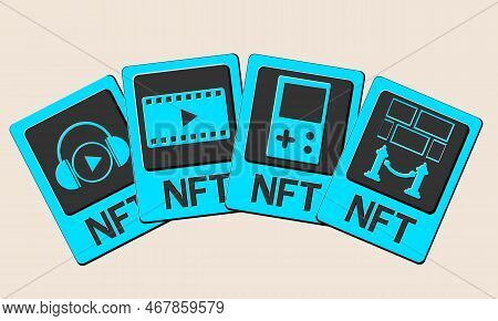 3d Nft Token Cards In Cryptography. Nft Cards With Game, Music, Video And Art. A Non-fungible Token 
