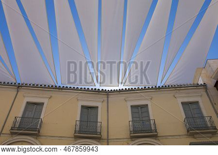 Large Awnings Over Lucena Downtown, Spain. Pedestrian Main Street, Covered With Sun Shades. Lucena, 