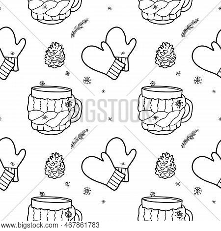 Vector Contur Seamless Pattern Of Winter Clothes