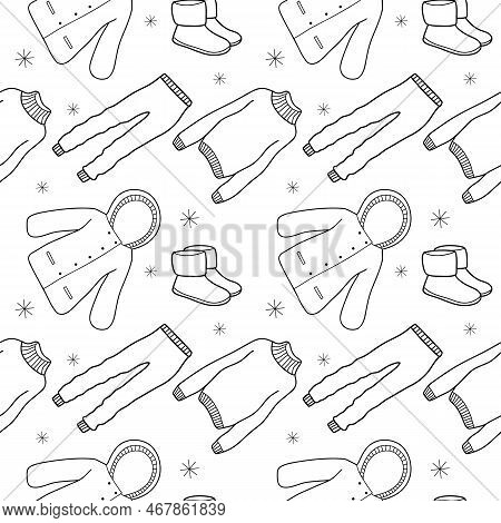 Vector Contur Seamless Pattern Of Winter Clothes