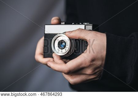 Close-up, Film Retro Camera In Male Hands.