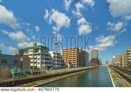 Tokyo, Japan - March 08 2022: The Yokojukken River Also Named The Tenjin River Because Of Its Proxim