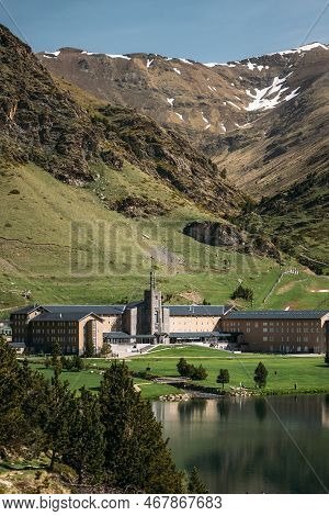 Beautiful Valley Of Vall De Nuria Is Picturesque Breathtaking Place In Spain. Temple Of Nuria On Sho