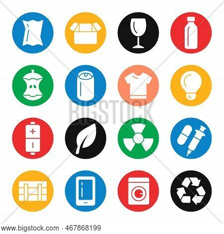 Waste Sorting Categories Colourful Vector Icon Set