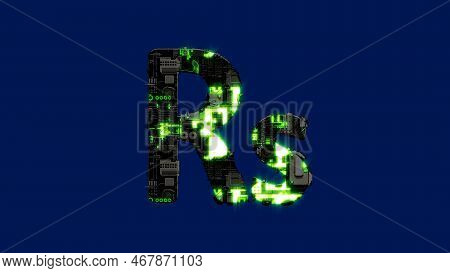 Rupee Symbol - Dark Distressed Metal Scrap Font With Glowing Green, Isolated - Object 3d Rendering