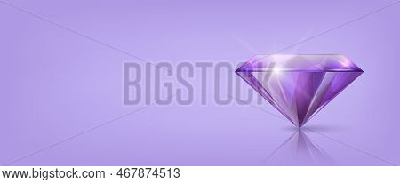 Vector Horizontal Banner With 3d Realistic Purple Transparent Triangular Glowing Gemstone, Diamond, 
