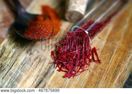 Selective Focus. Macro. Saffron. Dried Saffron Petals In A Glass Flask.