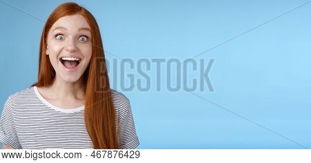 Surprised Pleased Happy Impressed Redhead European Girl 20s Reacting Amused Wide Eyes Look Admiratio