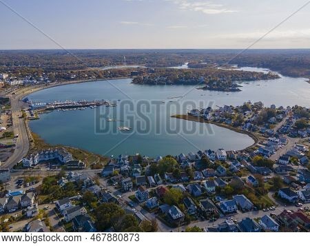 Nantasket Beach, Weir River And Hingham Bay Aeral View With Fall Foliage In Town Of Hull, Massachuse