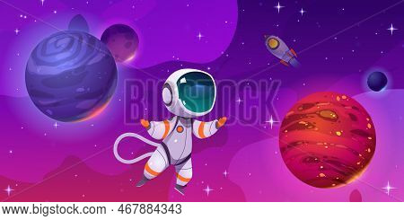 Cartoon Astronaut Exploring Solar System In Outer Space. Vector Illustration Of Cosmonaut Character 