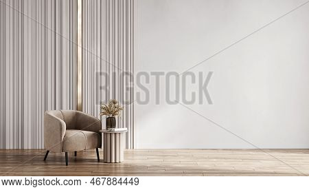 Room With Light Wall And Wooden Floor And Beige Modern Armchair. Bright Room Interior Mockup. Empty 