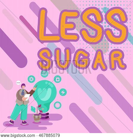 Conceptual Display Less Sugar. Business Showcase Lower Volume Of Sweetness In Any Food Or Drink That