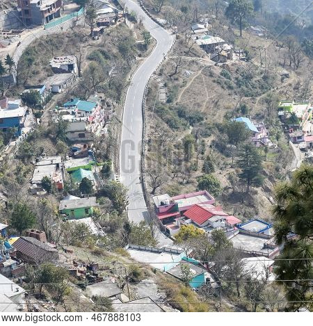 Aerial Top View Of Traffic Vehicles Driving At Mountains Roads At Nainital, Uttarakhand, India, View