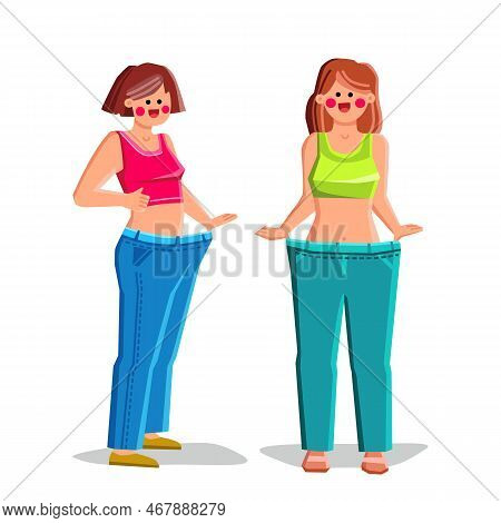 Woman Loose Weight Vector. Fat Slim, Fit Diet, Body Fitness, Girl Health, Figure Healthy, Lifestyle 