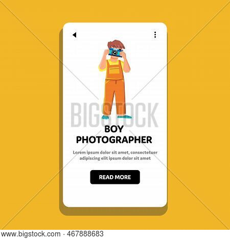 Boy Photographer Vector. Camera Photo, Person Young, Portrait Male, Child Kid, Happy Lifestyle, Cute