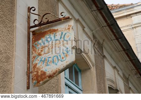 Bibliotheque Sign French Text On Facade Means Library On Panel Rusty Old Village Building Municipal 