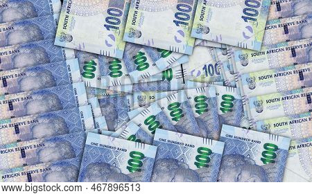 South Africa Rand Banknotes In A Cash Fan Mosaic Pattern. South African 100 Zar Notes. Abstract Conc