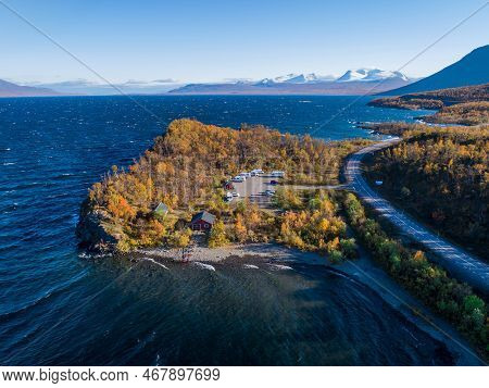 Aerial Car Camping Caravan Parking Lake Abisko National Park Bjoerkliden Swedish Lapland Fall Colors
