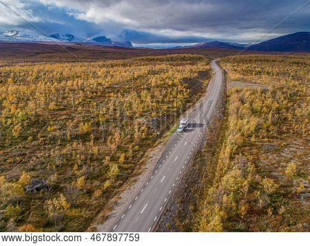 Drone Footage Car Camping Caravan Driving Road Lake Swedish Lapland Sunny Fall Colors Abisko Nationa