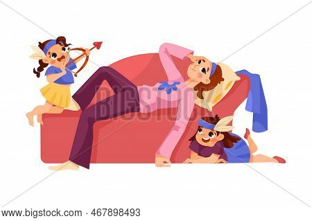 Tired Mom Lying On Sofa And Naughty Capricious Daughter Playing Around Vector Illustration
