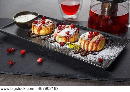 Cheesecream Pancakes Or Syrniki With Berries And Sour Cream. Russian And Ucranian Cuisine. Healthy, 