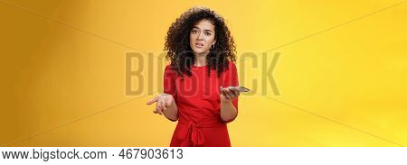 So Waht, I Confused. Questioned Uncertain Woman With Curly Hair In Red Dress Shrugging Looking Cluel