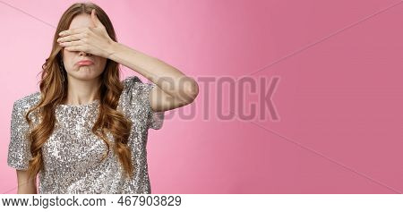 Intense Whining Sad Girl Cover Eyes Palm Pursing Lips Unwilling See Awkward Disappointing Scene, Sta