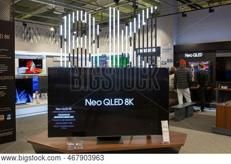 8k Tvs In Modern Electronics Store. Samsung Neo Qled 8k In A Shop Window. Minsk, Belarus, 2022