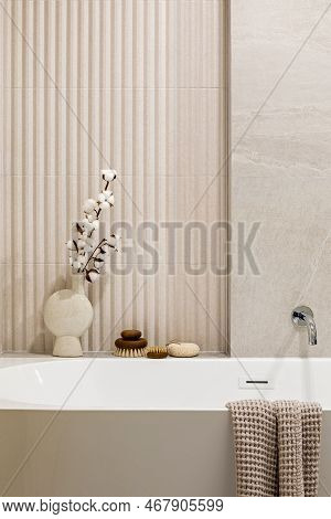Modern Bright Bathroom With Lamella Wall. Big White Bath With Silver Faucet, Dried Flowers And Brown