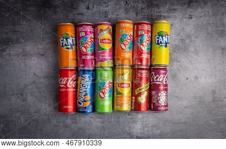 December 21 2022 : Lyon, Rhone Alpes Auvergne, France : Groups Of Cans Of Sweetened Sodas. Famous Br