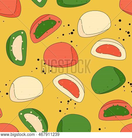 Korean Street Food Seamless Pattern. Steamed Duns Jjinppang With Different Fillings. Asian Tradition