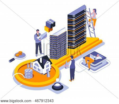 Real Estate Landing Page Template. Private Property Website Header Ui Layout With Isometric Illustra