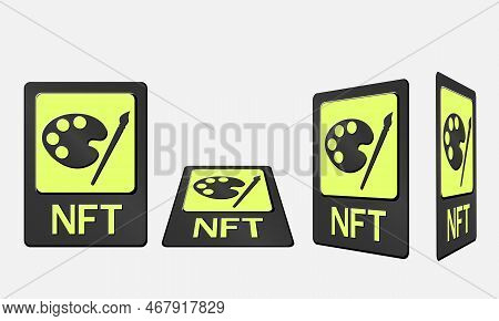 3d Token Nft Cards In Crypto Artwork. Nft Card With Art In Perspective, Top View In Isometric And Fr