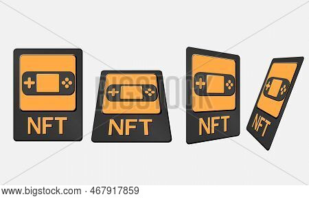 3d Token Nft Cards In Crypto Artwork. Nft Card With Game In Perspective, Top View In Isometric And F