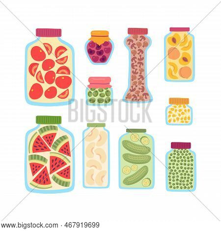 Vector Pickles And Preserves Primitive Style Set. Pickled Tomatos, Cucumbers, Watermelon, Mushrooms 